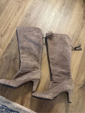 Bandolino Taupe Suede Mid-Calf Heeled Boots with Tassel Zipper